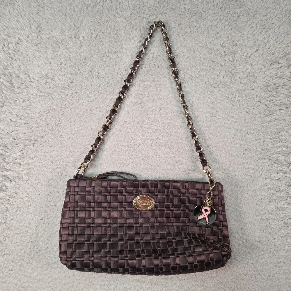 The Sak Woven Satin Baguette Shoulder Bag Breast Cancer Awareness Charm Minimal